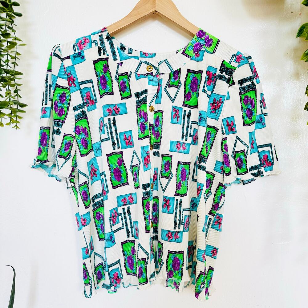 80s VTG Korean Retro Colorful Geometric Floral Art Deco Art 2 Wear Ribbed Blouse